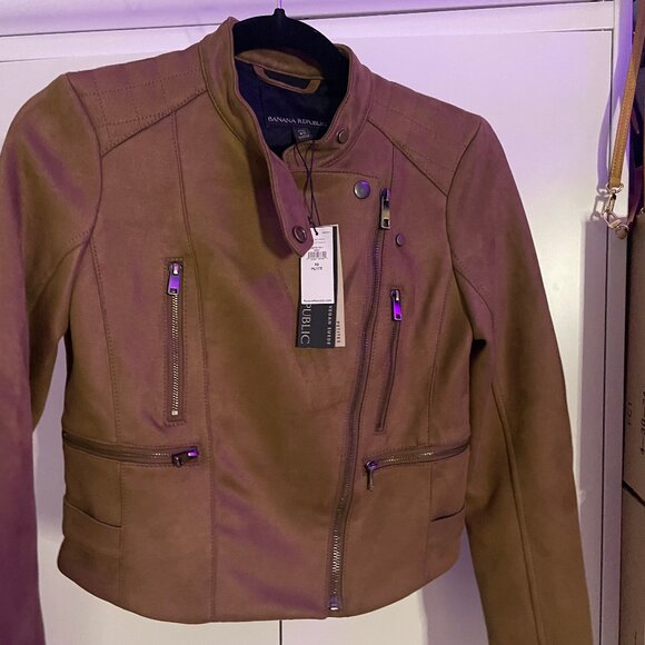 NWT -  Banana Republic Banded Collar Vegan Suede Moto Jacket Canyon Brown, XS - Picture 2 of 5